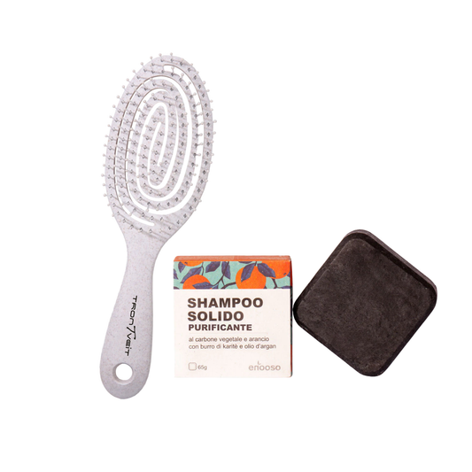 Dolce Natale - Shampoo Solido Concentrato PURIFICANTE - Carbone Attivo e Arancio + Spazzola Setole Ultrasottili Biodegradabile