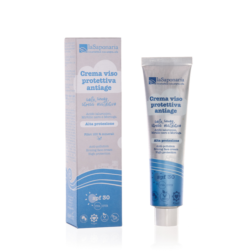 Crema Viso Protettiva Anti-Age SPF 30 - Acido Ialuronico, Acqua Costituzionale di Mirtillo Nero e Vitamina E