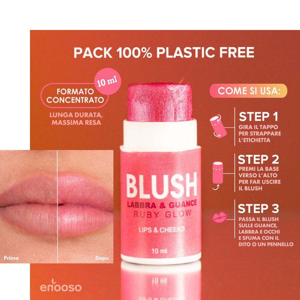 Blush in stick per guance, labbra e occhi, facilissimo da sfumare - cremoso, nutriente, idratante, luminoso e versatile RUBY GLOW