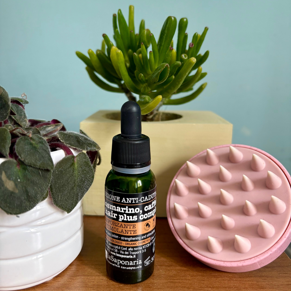 BOX ANTICADUTA CAPELLI: Lozione anticaduta dei capelli - Rosmarino, Prebiotici di Cicoria, Caffeina e Hair Plus Complex + Spazzola ecologica per il massaggio del cuoio capelluto