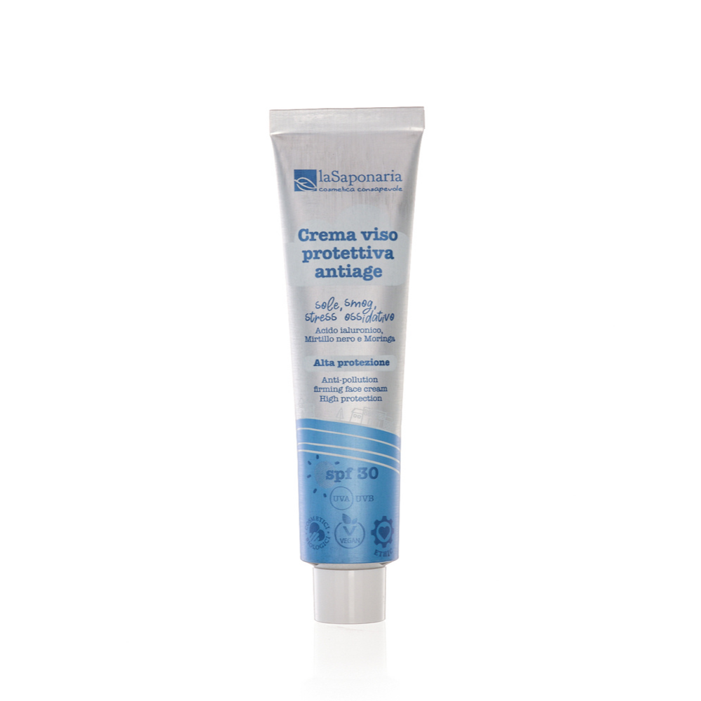Crema Viso Protettiva Anti-Age SPF 30 - Acido Ialuronico, Acqua Costituzionale di Mirtillo Nero e Vitamina E