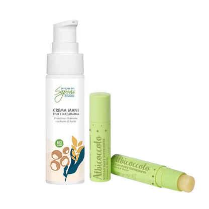 Dolce Natale: Crema Mani IDRATANTE e LENITIVA Riso e Macadamia + Balsamo Labbra NUTRIENTE Biocao Albicoccolo