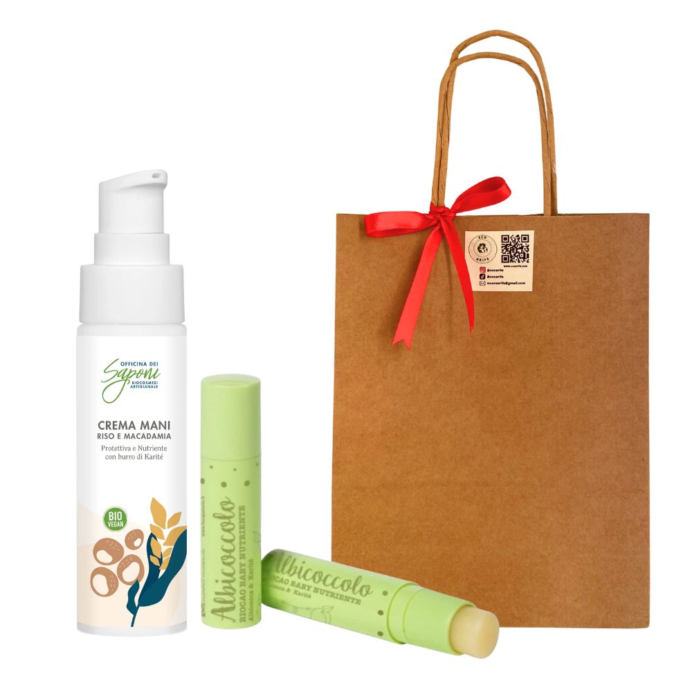 Dolce Natale: Crema Mani IDRATANTE e LENITIVA Riso e Macadamia + Balsamo Labbra NUTRIENTE Biocao Albicoccolo