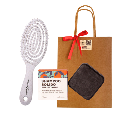 Dolce Natale - Shampoo Solido Concentrato PURIFICANTE - Carbone Attivo e Arancio + Spazzola Setole Ultrasottili Biodegradabile