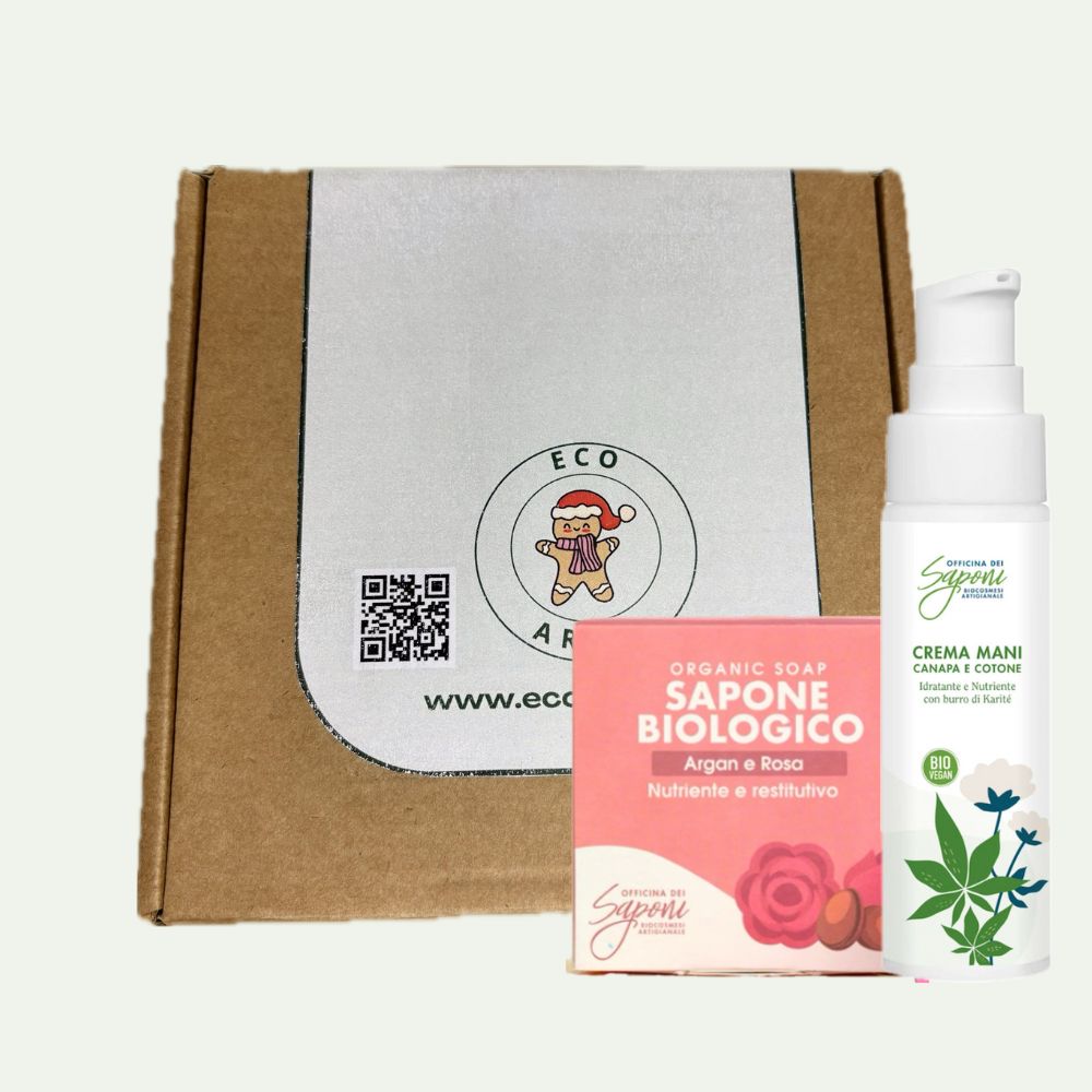 Dolce Natale: Crema Mani IDRATANTE e NUTRIENTE - Canapa e Cotone + Sapone Biologico per il Viso, Mani e Corpo Nutriente ed Emolliente - Olio D'Argan e Rosa Canina