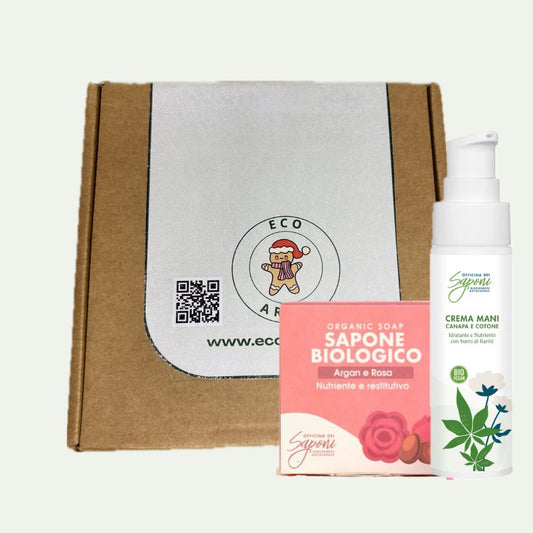 Dolce Natale: Crema Mani IDRATANTE e NUTRIENTE - Canapa e Cotone + Sapone Biologico per il Viso, Mani e Corpo Nutriente ed Emolliente - Olio D'Argan e Rosa Canina
