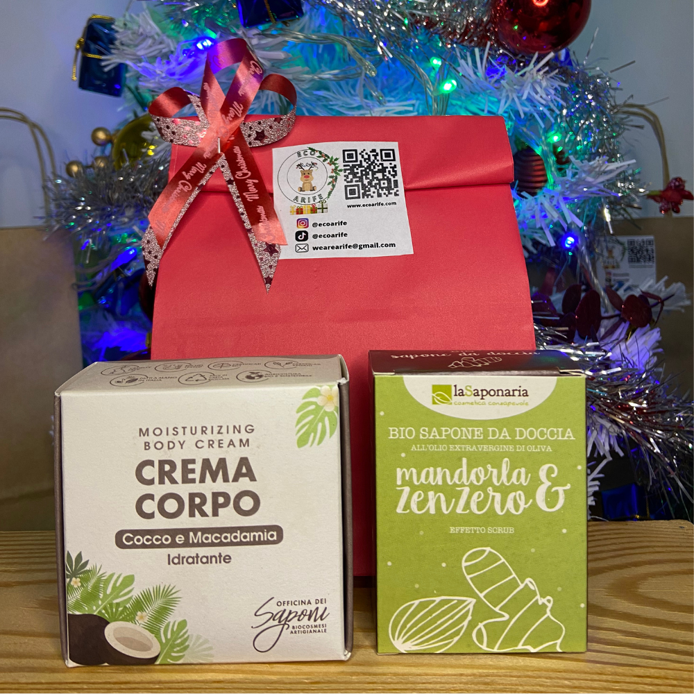 Dolce Natale - Crema Corpo solida Nutriente al Cocco + Bagnodoccia solido Scrub mandorla e zenzero