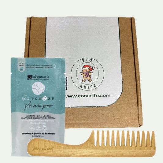 Dolce Natale: Shampoo in Polvere Illuminante e Seboregolatore - Tea Tree e Prebiotici di Cicoria + Pettine in Legno a denti larghi